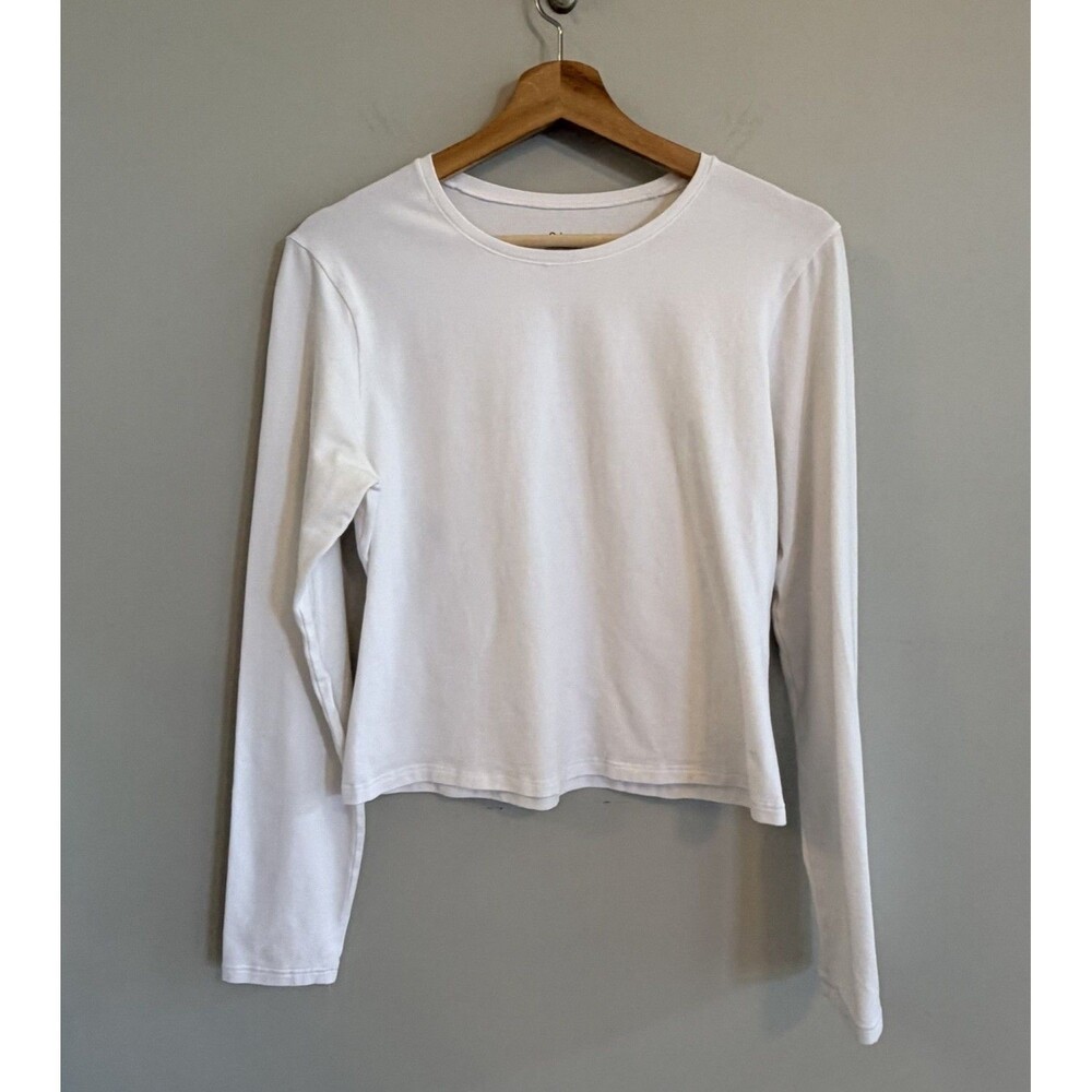 Quince Organic Cotton Long Sleeve White Crop T Shirt Size L Crewneck Minimalist